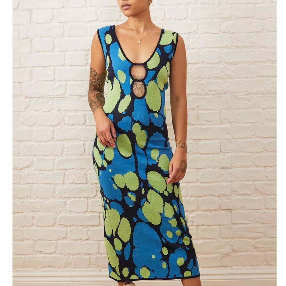 Free People Another Girl Lava Lamp Knit Midi Dress Blue/Green Retro Size 4 EUC